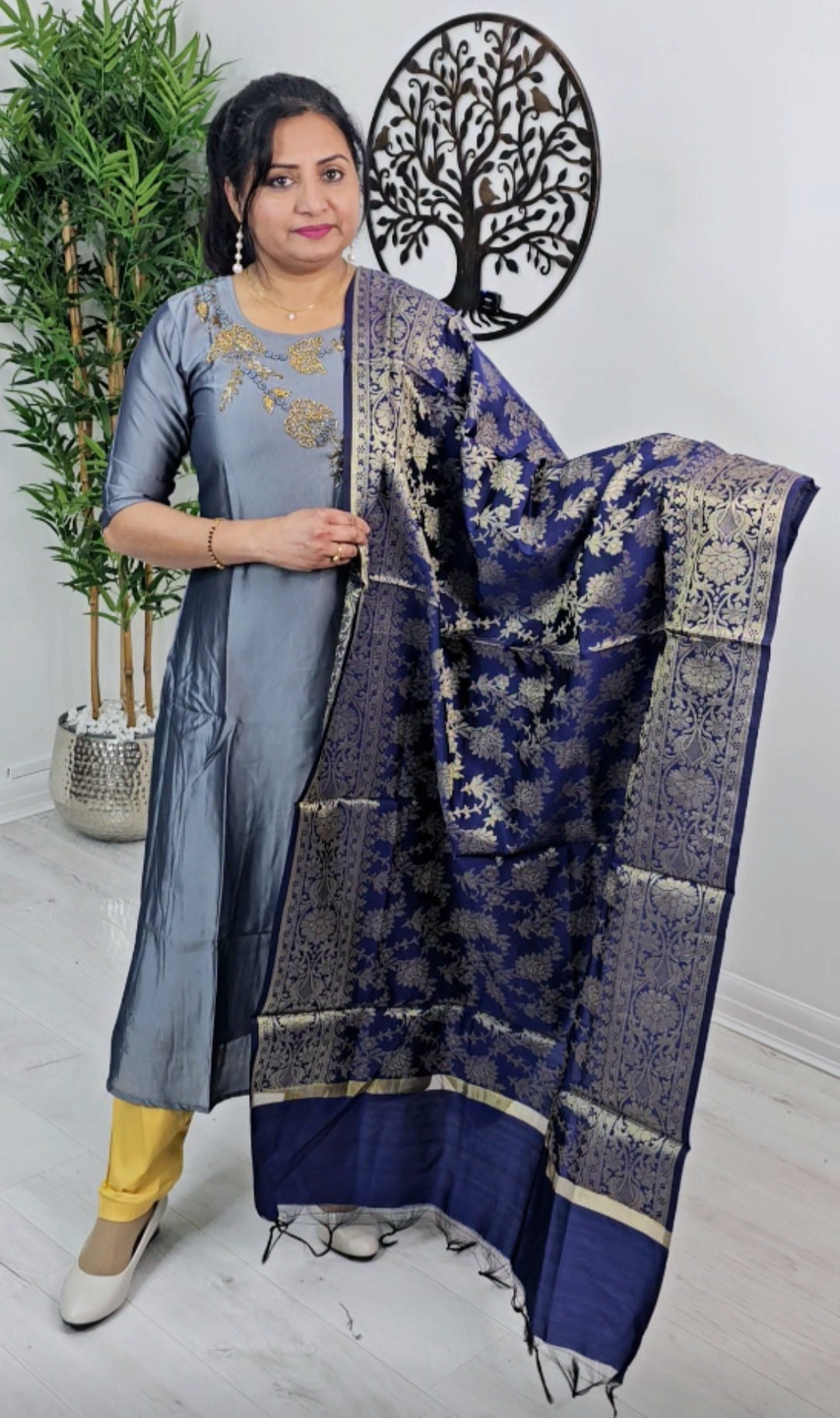 Semi silk A-line three piece suit with banarasi dupatta