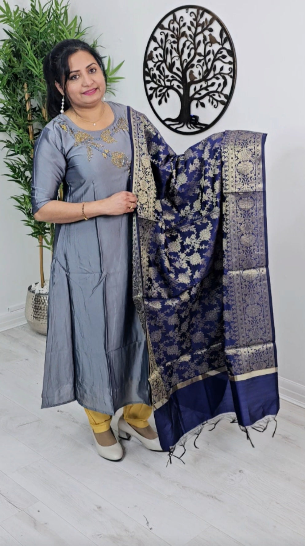 Semi silk A-line three piece suit with banarasi dupatta