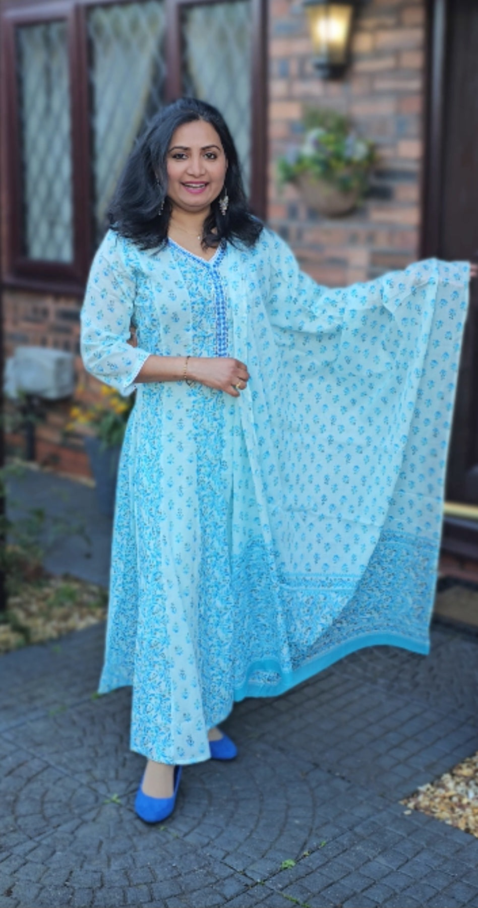 Floral printed Mulmul cotton panel cut Anarkali three piece suit (ready to wear)