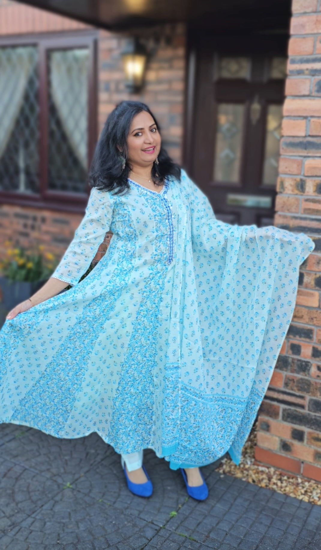 Floral printed Mulmul cotton panel cut Anarkali three piece suit (ready to wear)