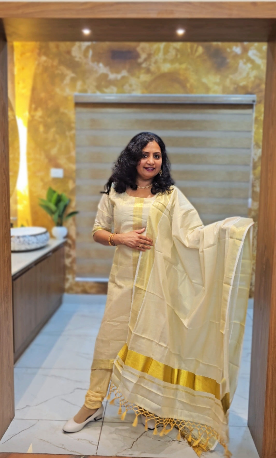 Beautiful Onam tissue, A-line three piece suit