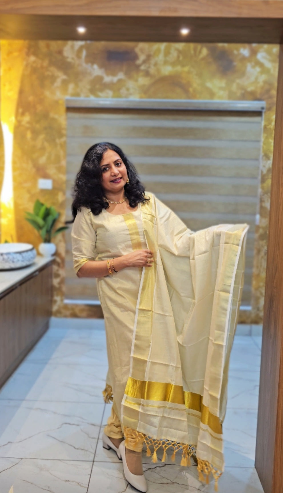 Beautiful Onam tissue, A-line three piece suit