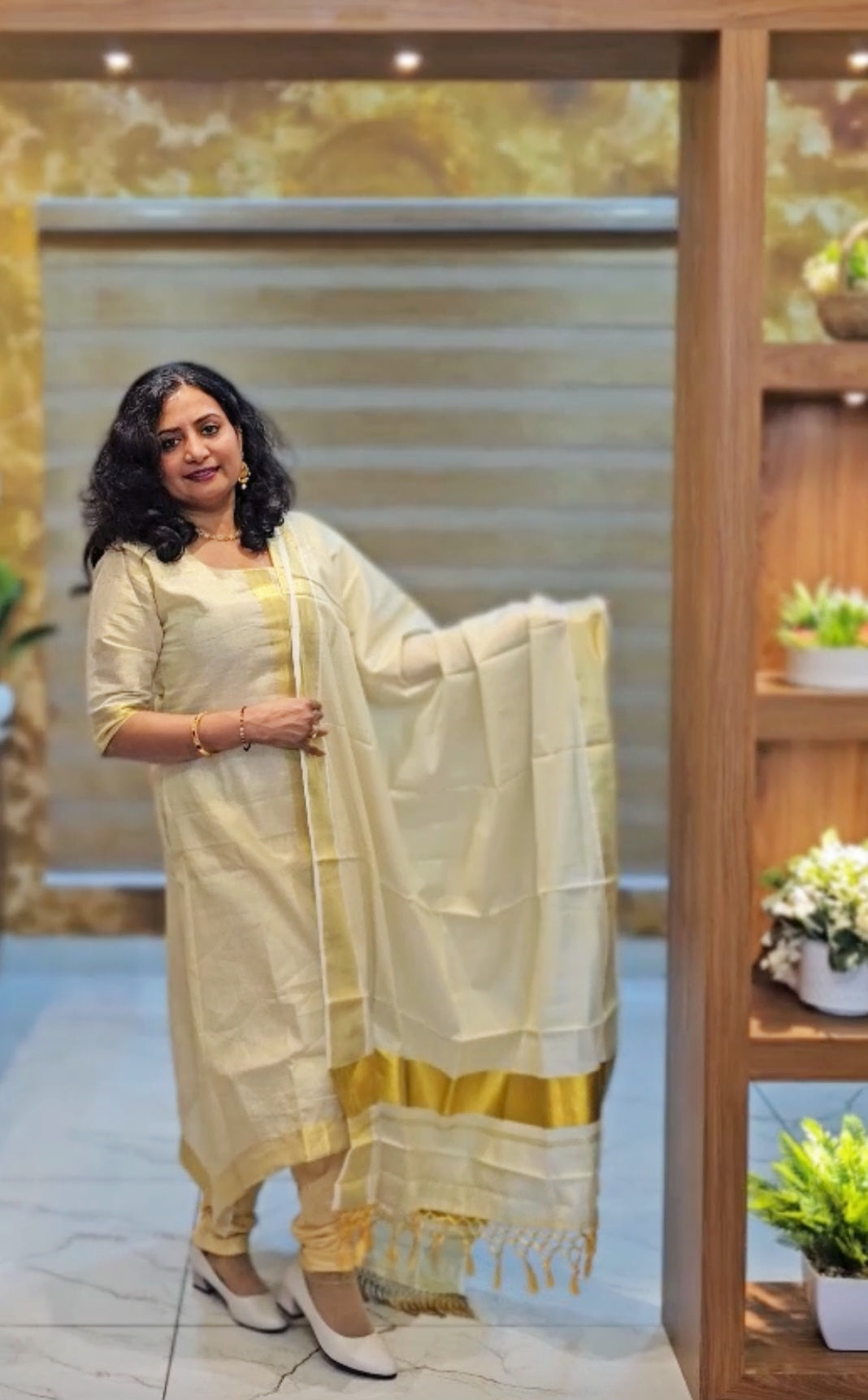 Beautiful Onam tissue, A-line three piece suit