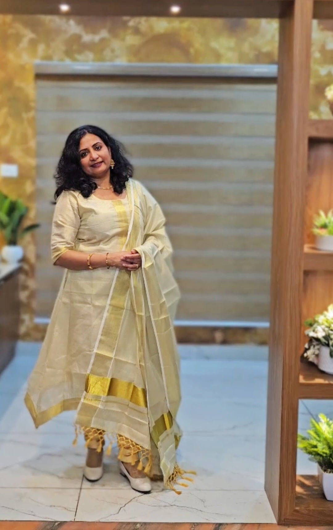 Beautiful Onam tissue, A-line three piece suit