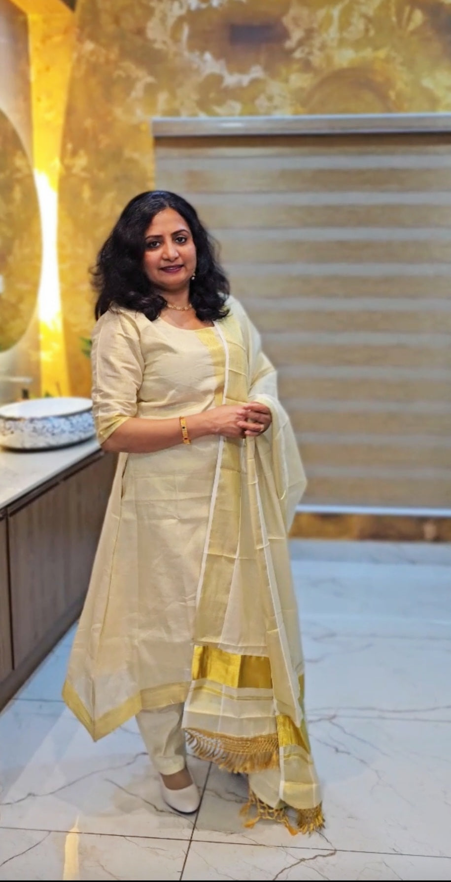 Beautiful Onam tissue, A-line three piece suit