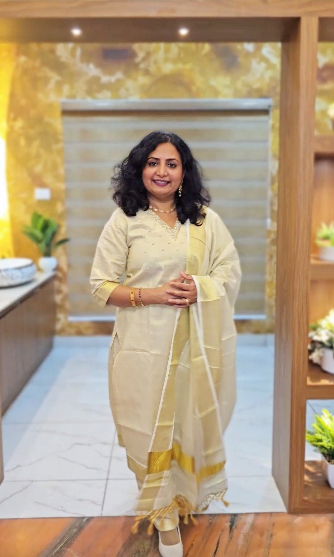 Beautiful hand worked Onam tissue three piece suit