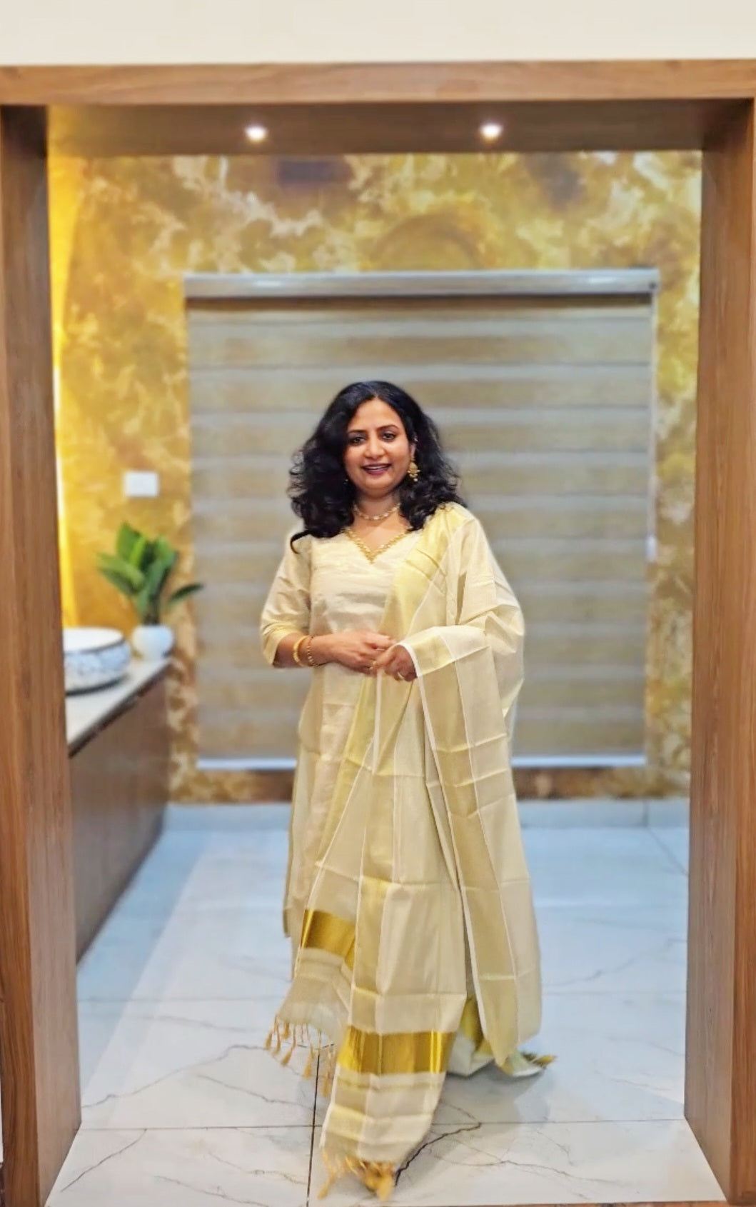 Beautiful hand worked Onam tissue three piece suit / ready to wear onam kurti set