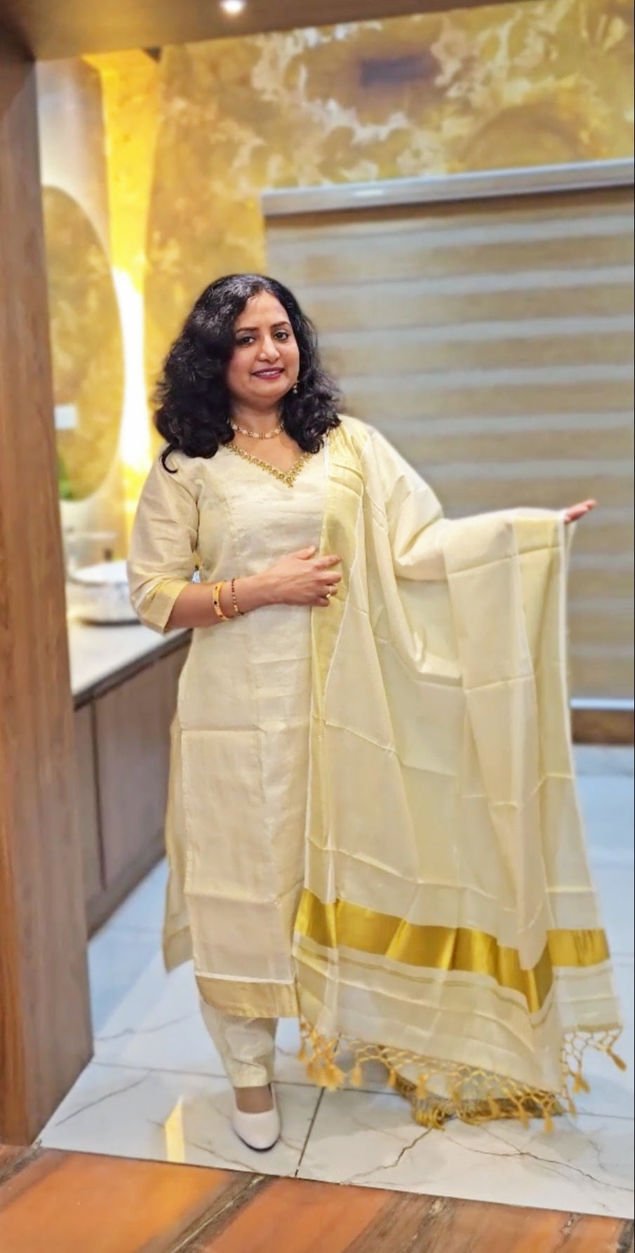 Beautiful hand worked Onam tissue three piece suit / ready to wear onam kurti set