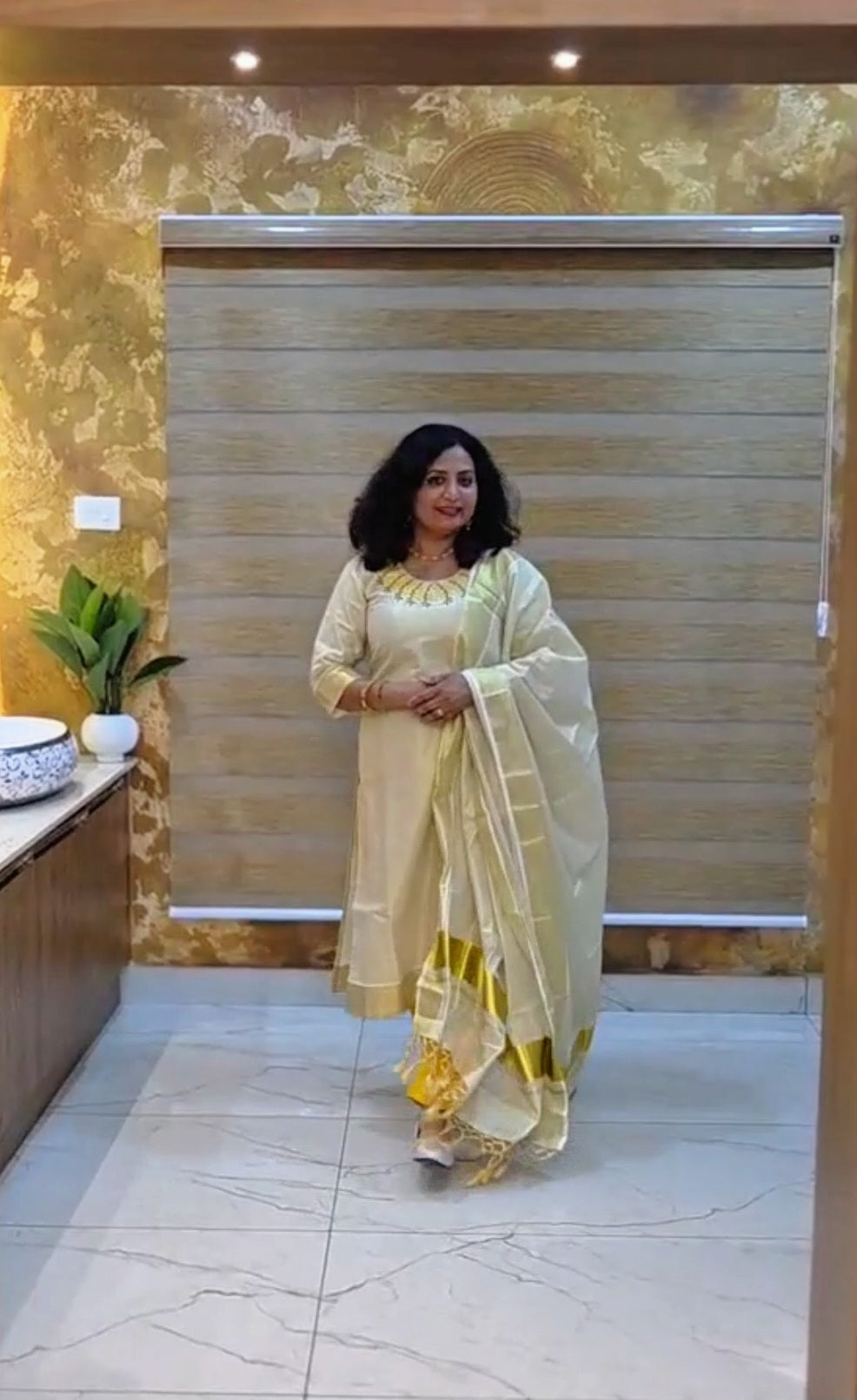 Embroidered Tissue Onam three piece suit