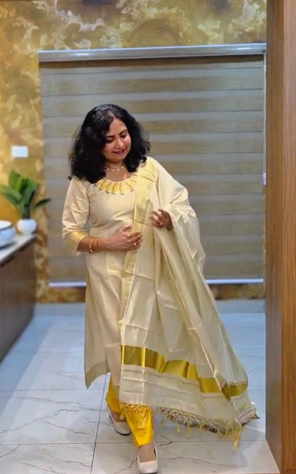 Embroidered Tissue Onam three piece suit