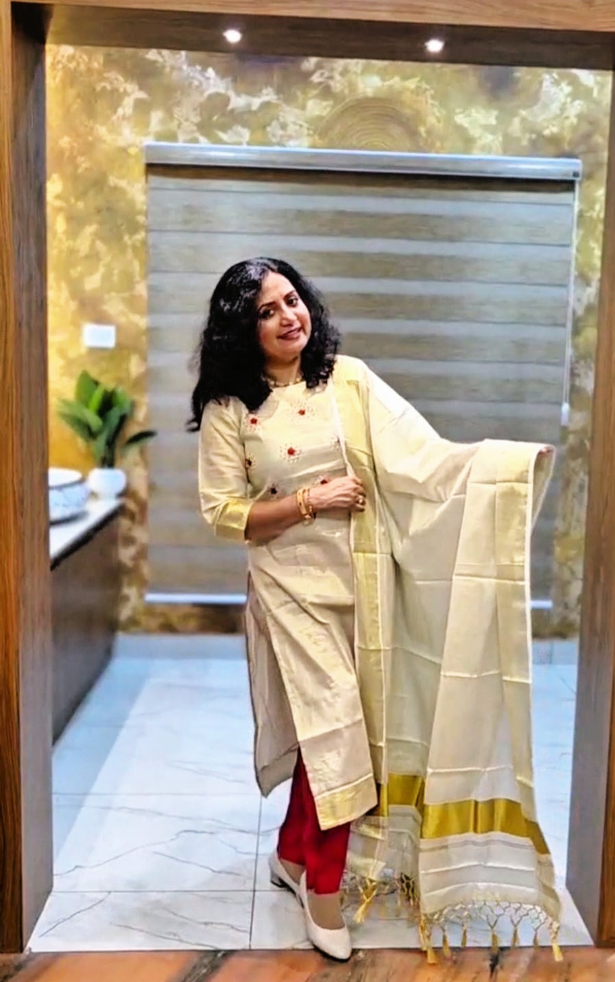 Beautiful hand worked Onam tissue three piece suit