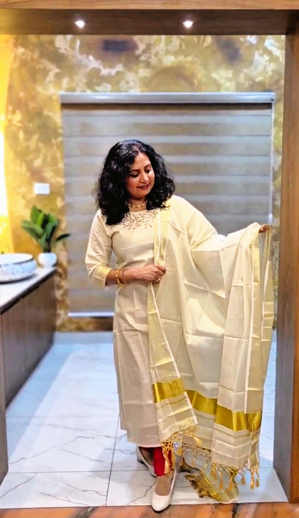 Beautiful hand worked Onam tissue three piece suit