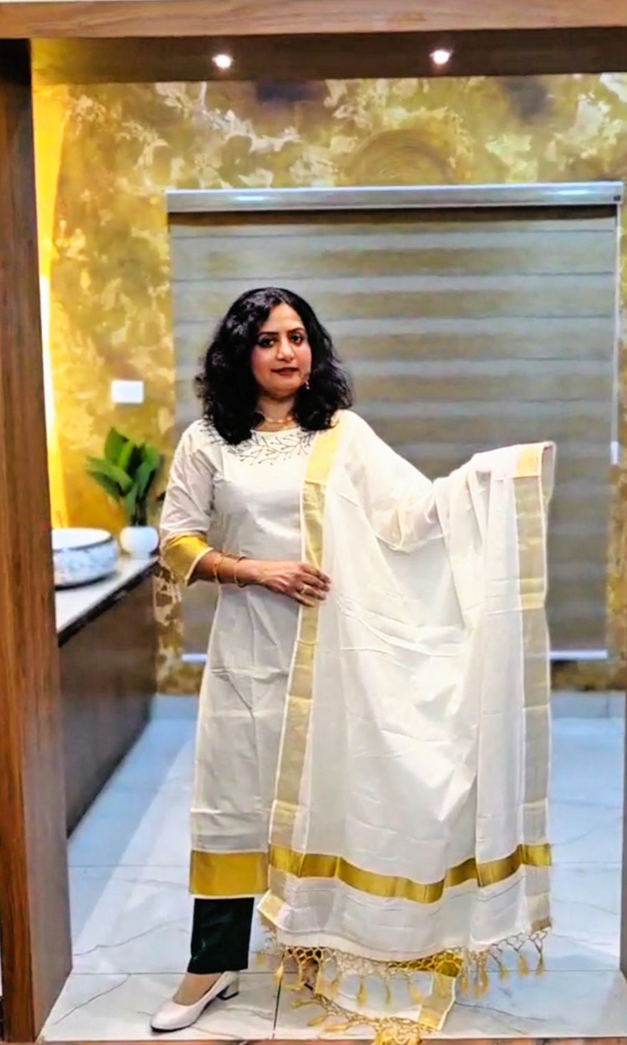 Beautiful hand worked Tissue Onam three piece suit