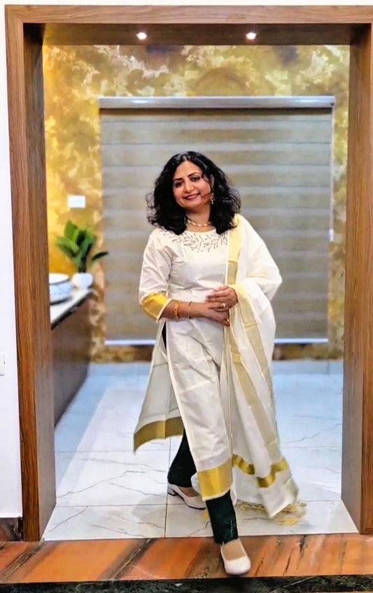 Beautiful hand worked Tissue Onam three piece suit