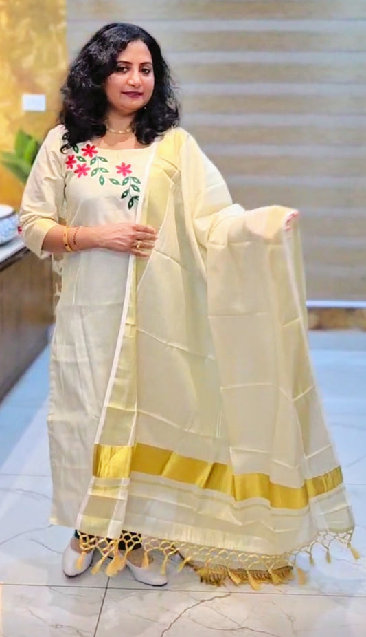 Beautiful embroidered Tissue Onam three piece suit