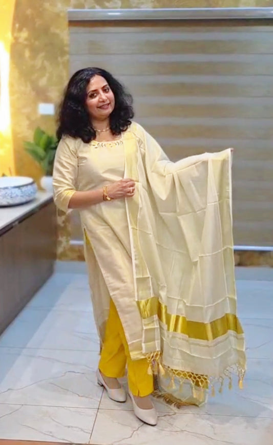 Beautiful embroidered Onam tissue three piece salwar suit