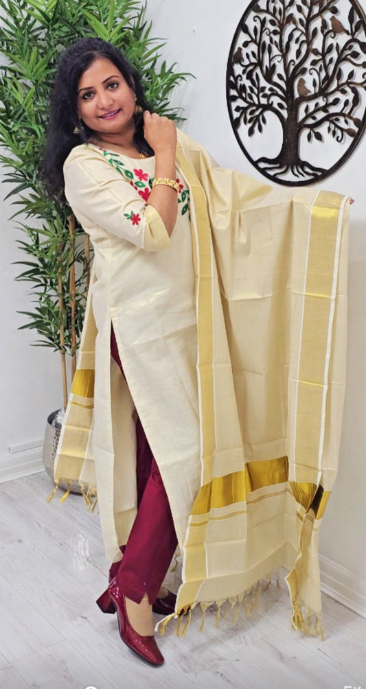 Beautiful embroidered Tissue Onam three piece suit