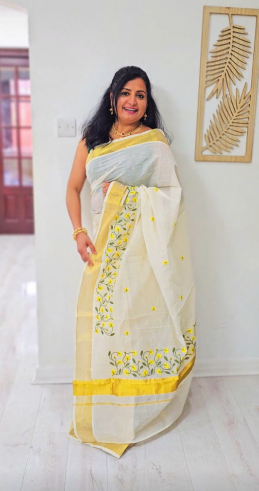 Kanikkonna embroidered ready to wear saree with readymade blouse ( with sleeve)*