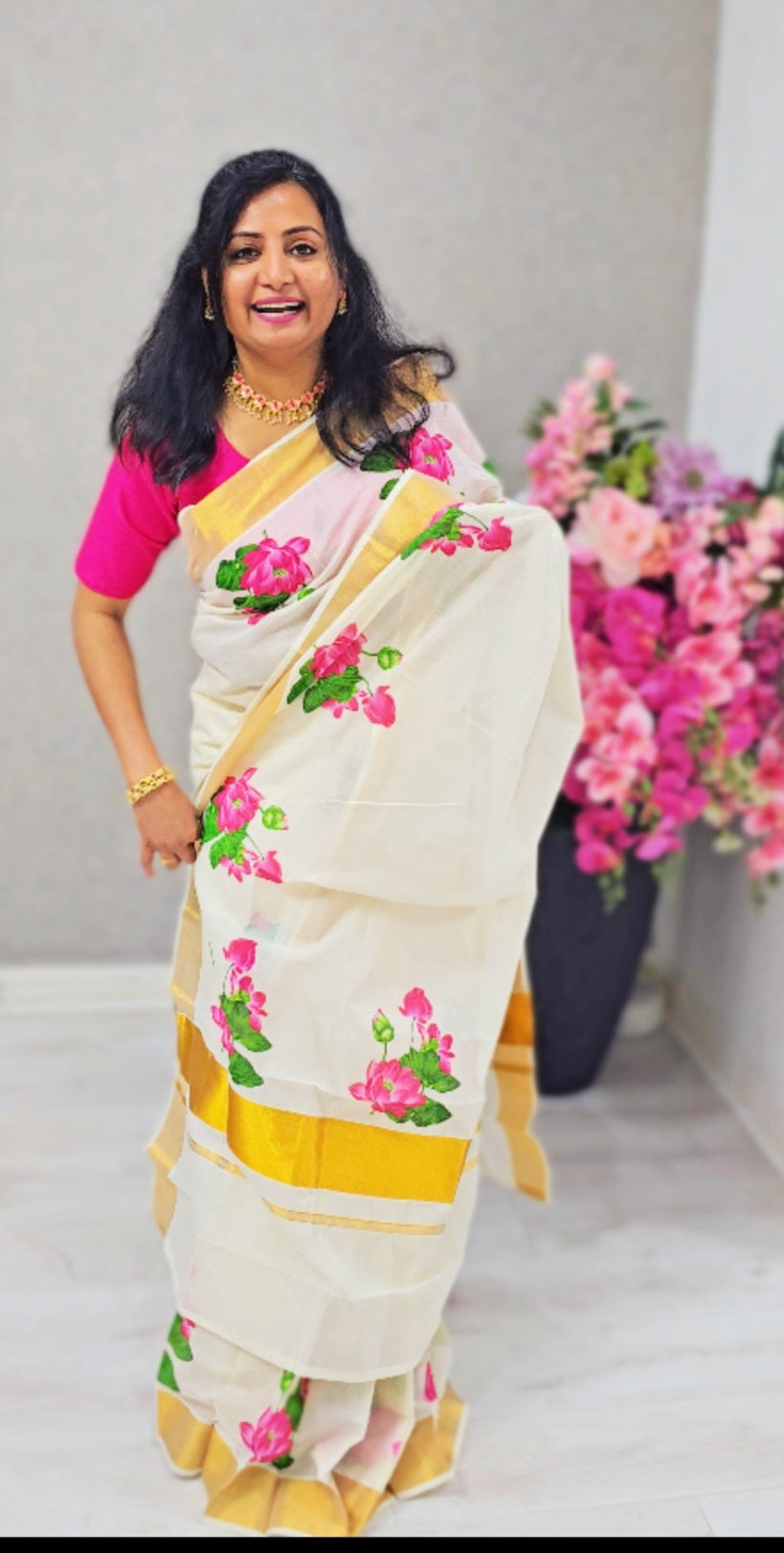 Lotus Onam ready to wear saree with ready to wear blouse*