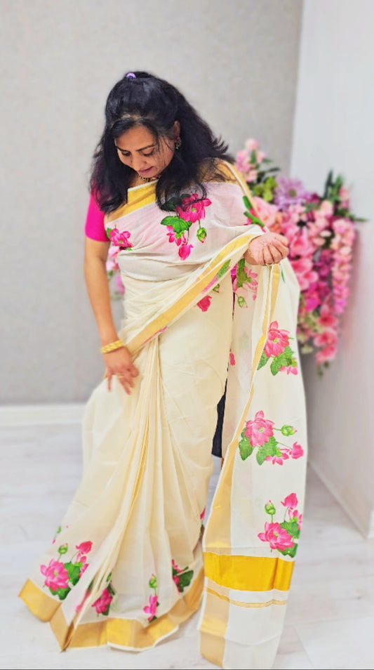 Lotus Onam ready to wear saree with ready to wear blouse*