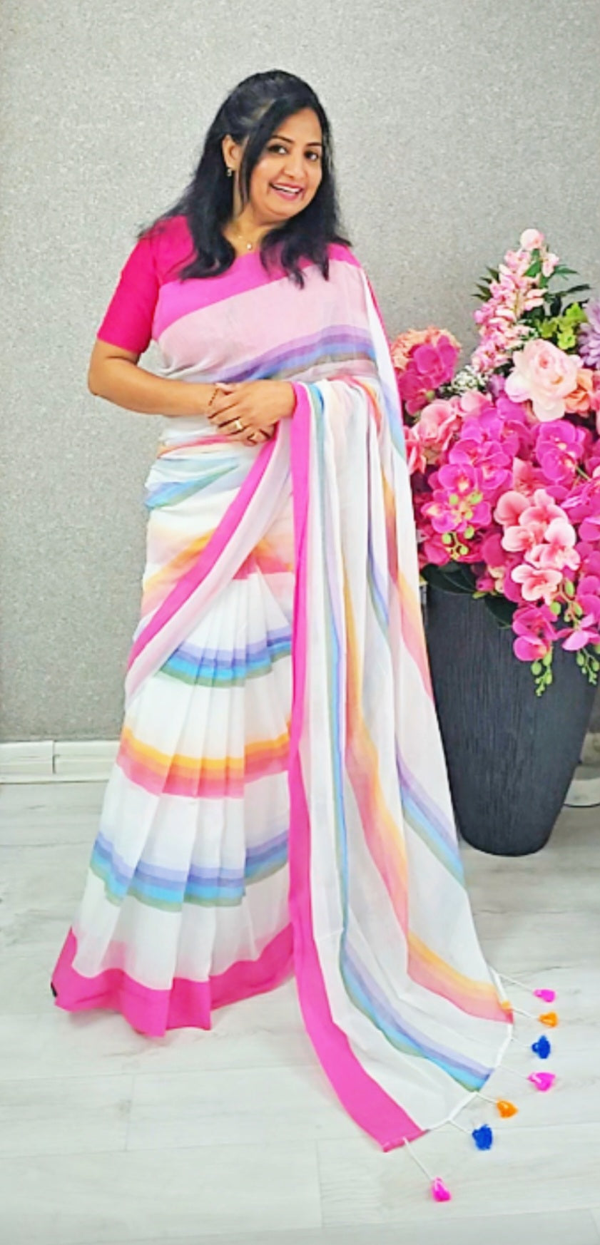 Beautiful Rainbow mulmul saree