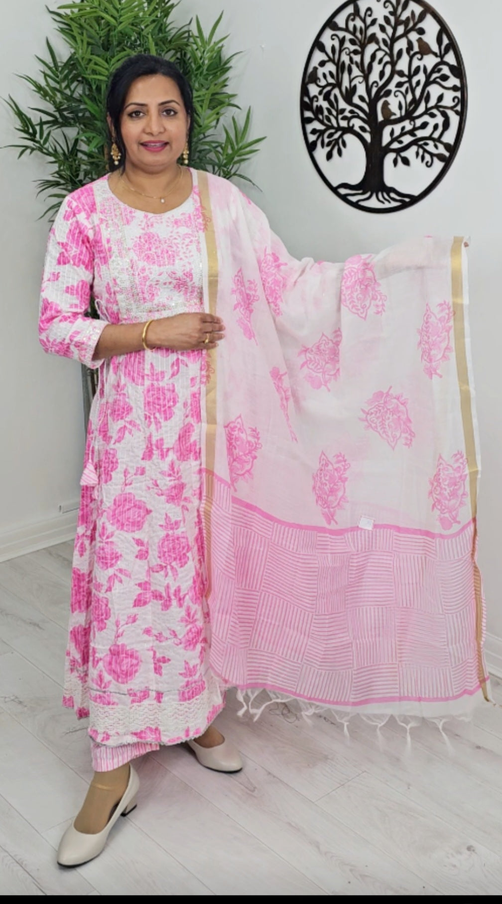 Floral  cotton anarkali three piece suit