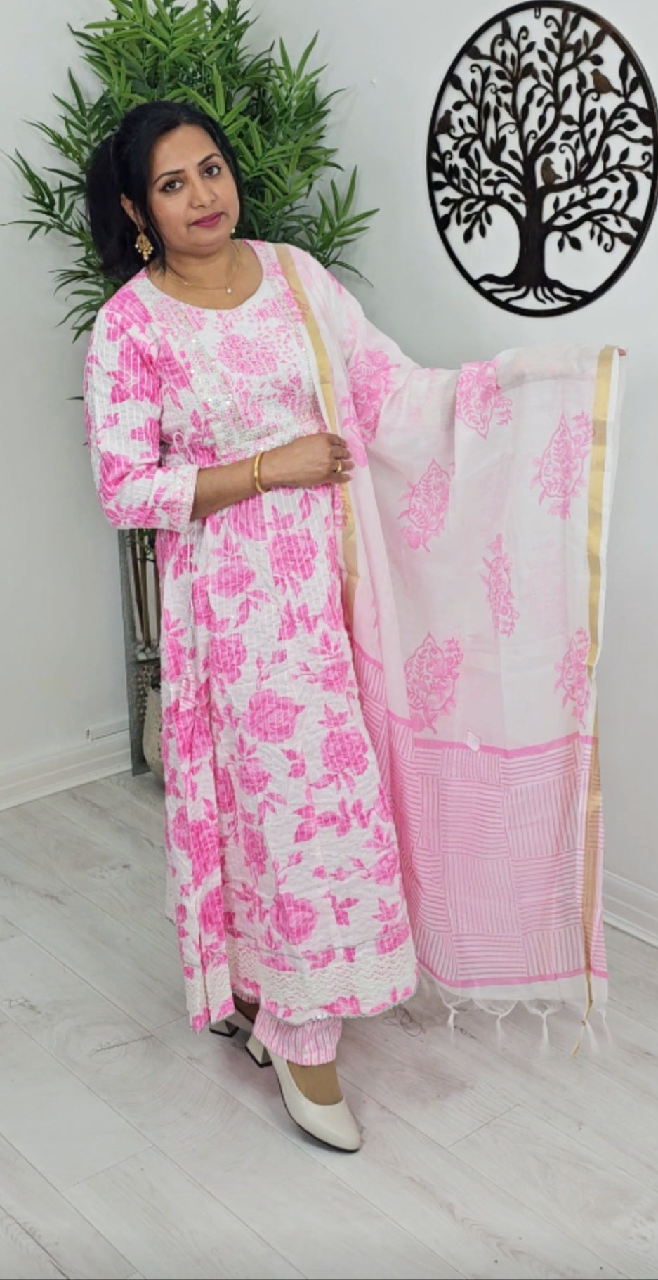 Floral  cotton anarkali three piece suit