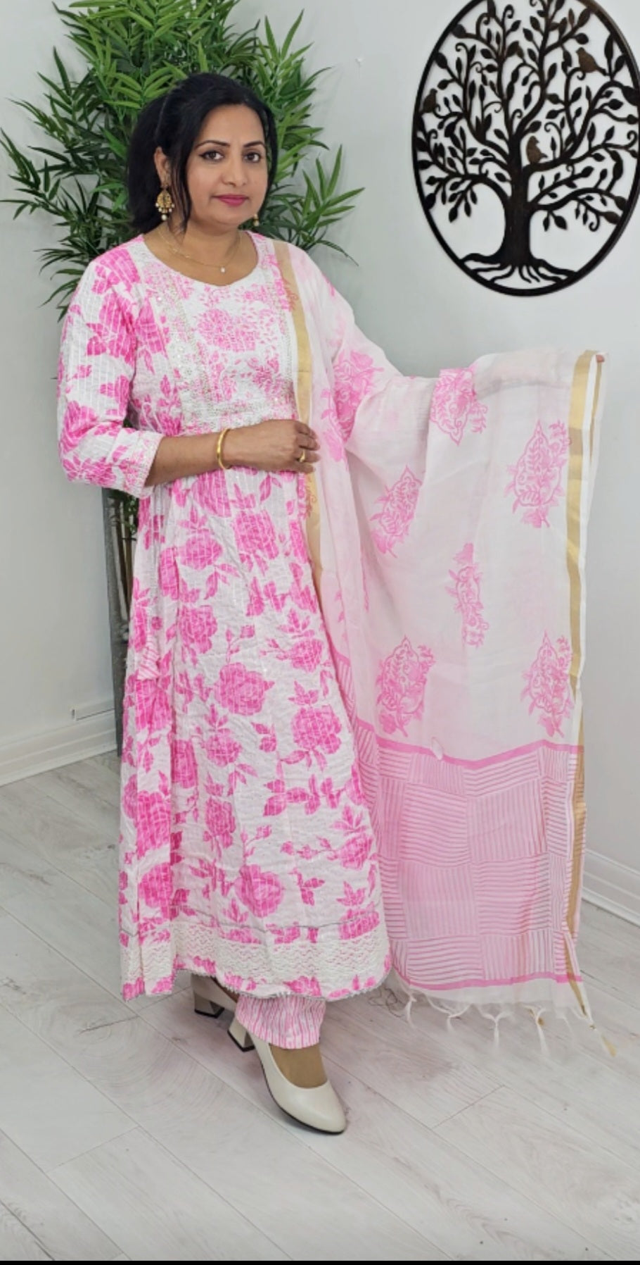 Floral  cotton anarkali three piece suit