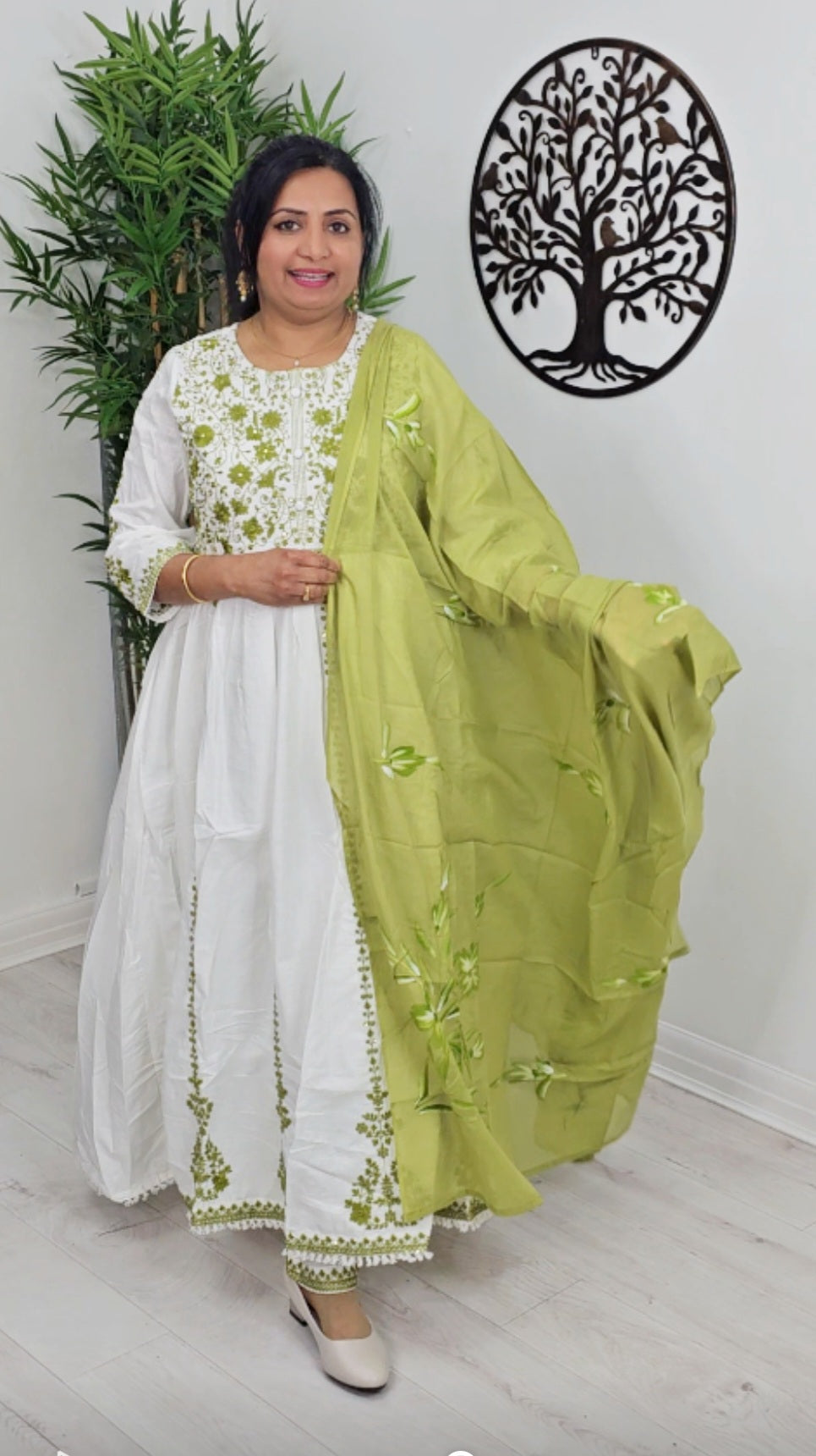 Pure cotton embroidered three piece umbrella suit with mul dupatta