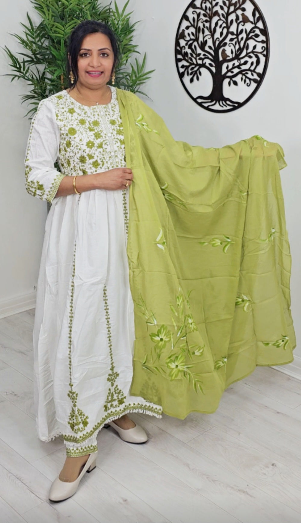 Pure cotton embroidered three piece umbrella suit with mul dupatta