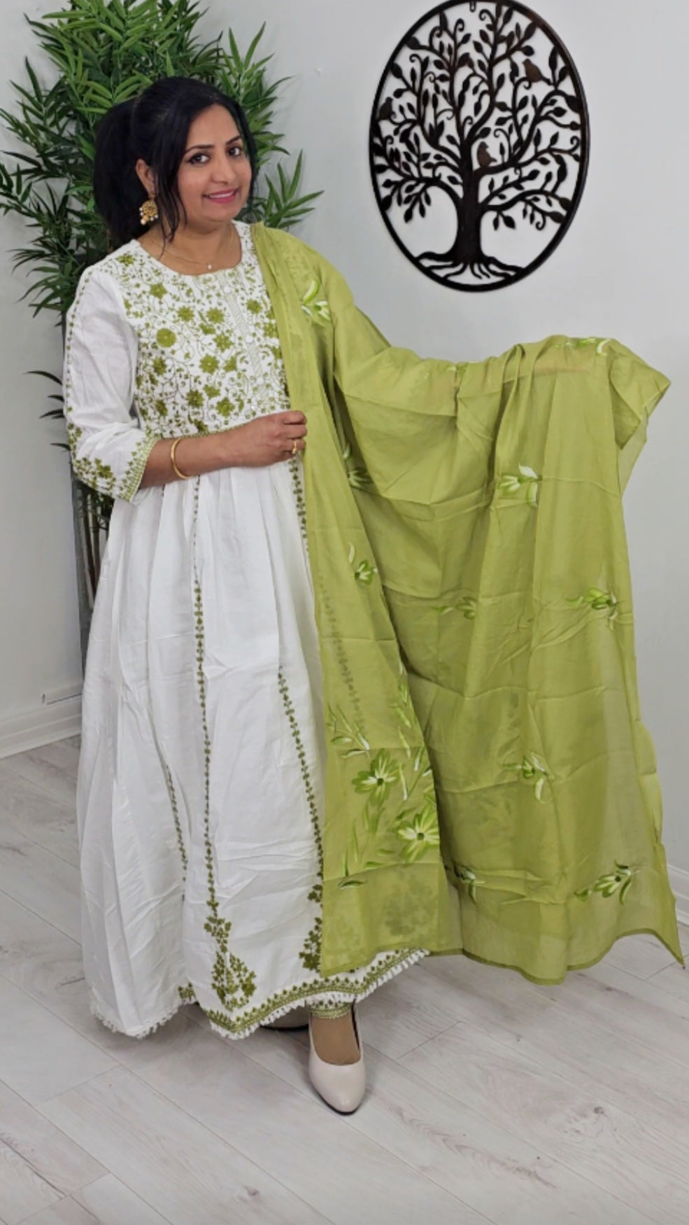 Pure cotton embroidered three piece umbrella suit with mul dupatta