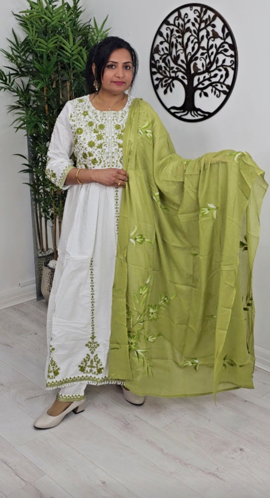 Pure cotton embroidered three piece umbrella suit with mul dupatta