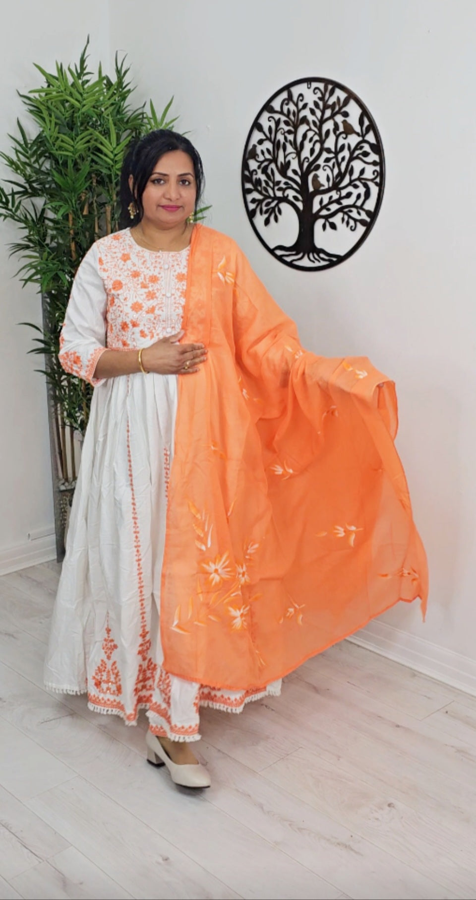 Pure cotton embroidered three piece umbrella suit with mul dupatta