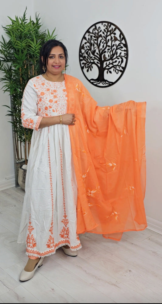 Pure cotton embroidered three piece umbrella suit with mul dupatta