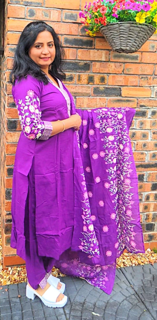 Rayon embroidered three piece suit (purple)