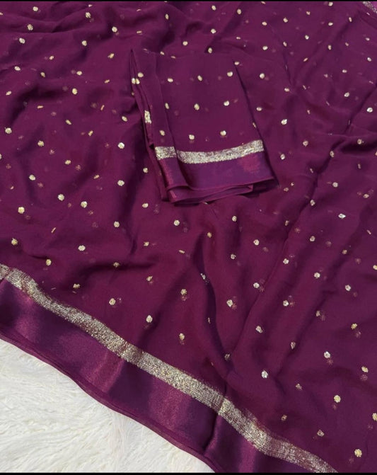 Stunning Faux georgette saree with sequenced butti work ( blouse piece included)