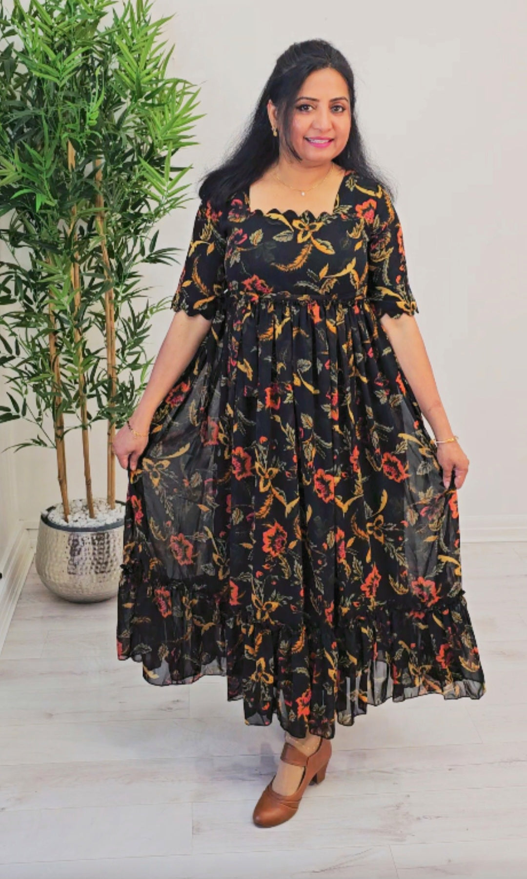 Soft chiffon floral  flared dress