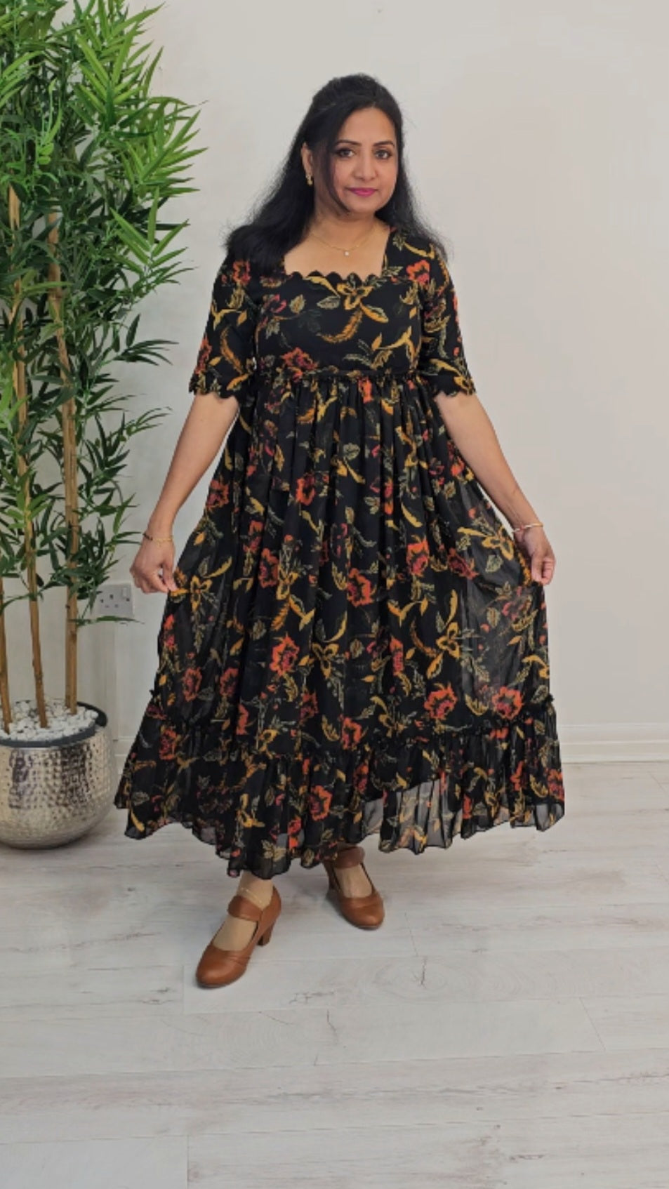 Soft chiffon floral  flared dress