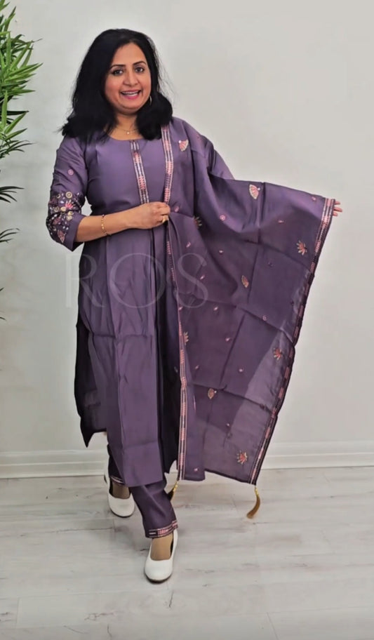 Embroidered silk three piece suit