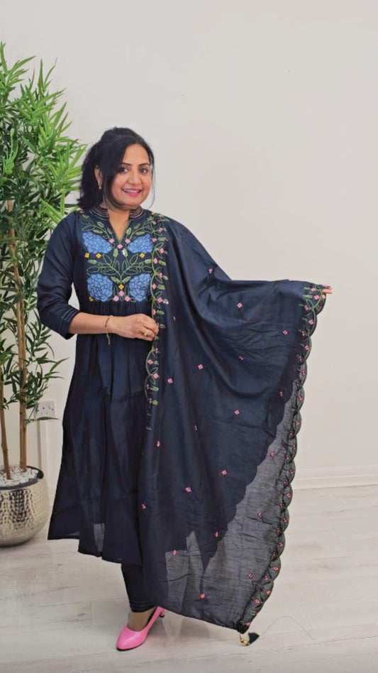 Silk embroidered three piece suit