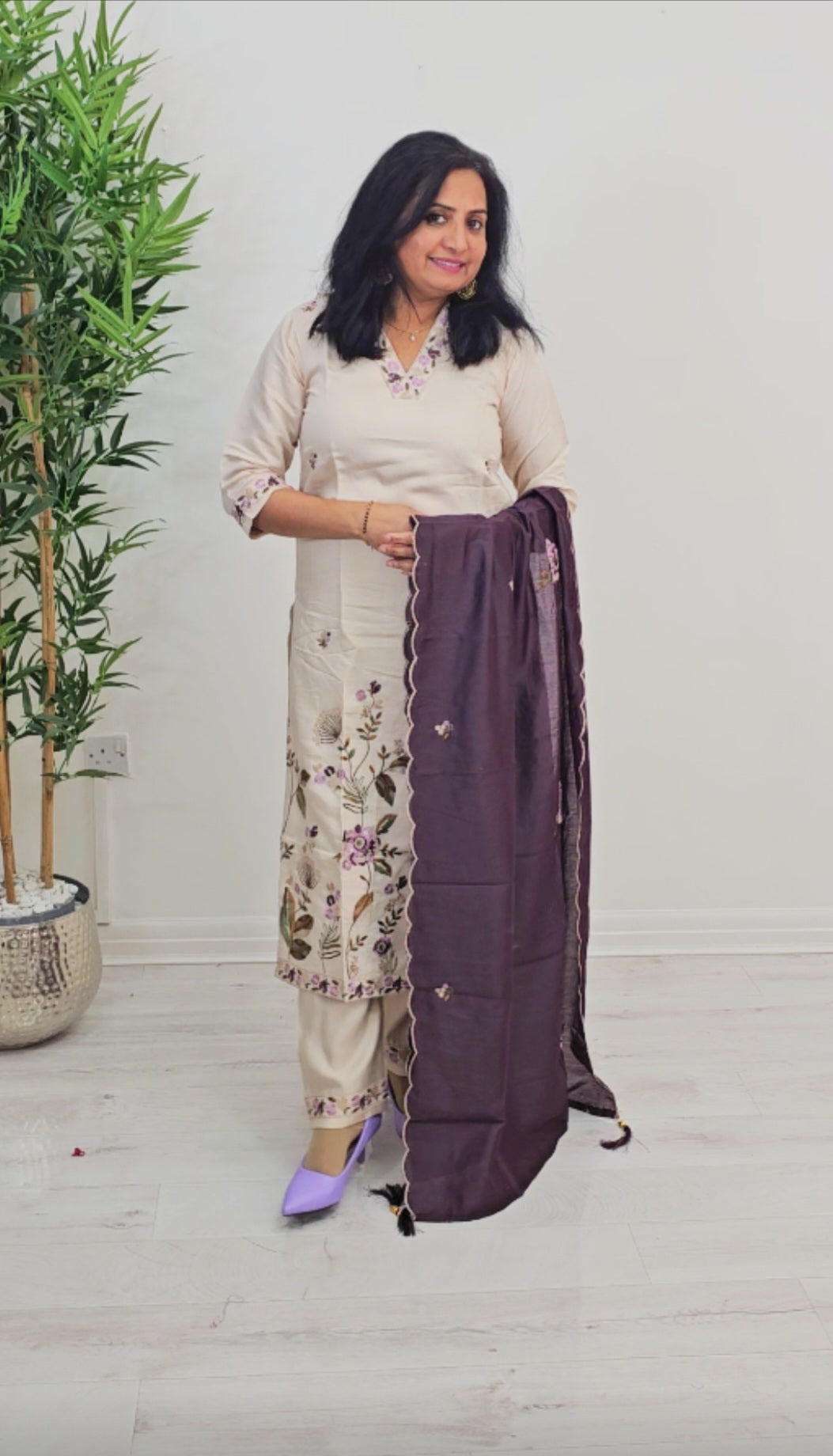 Silk high neck embroidered three piece kurti set