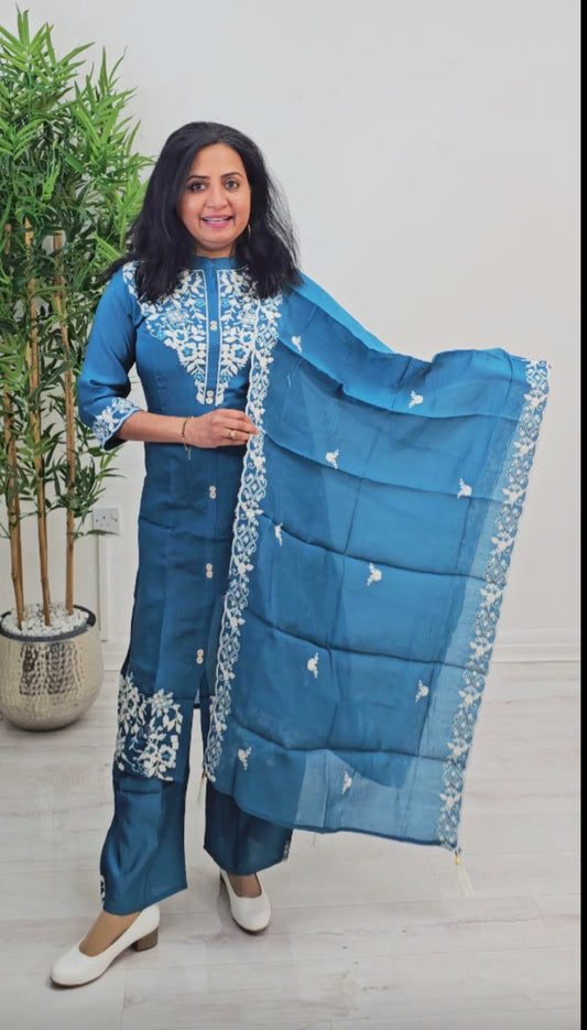 Silk embroidered three piece suit