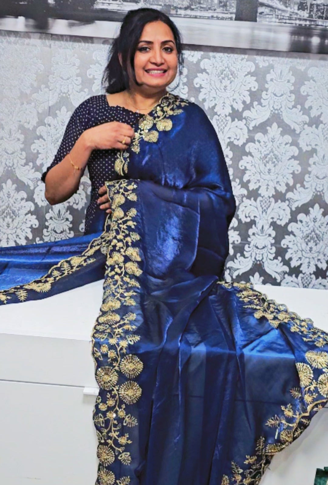 Crush silk embroidered party wear saree with blouse piece