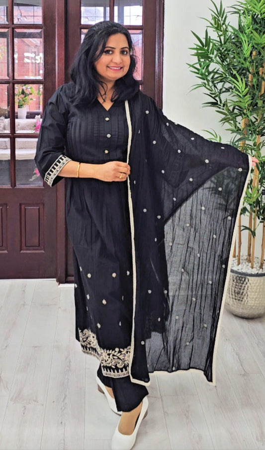 Pure Cotton embroidered Aline three piece suit