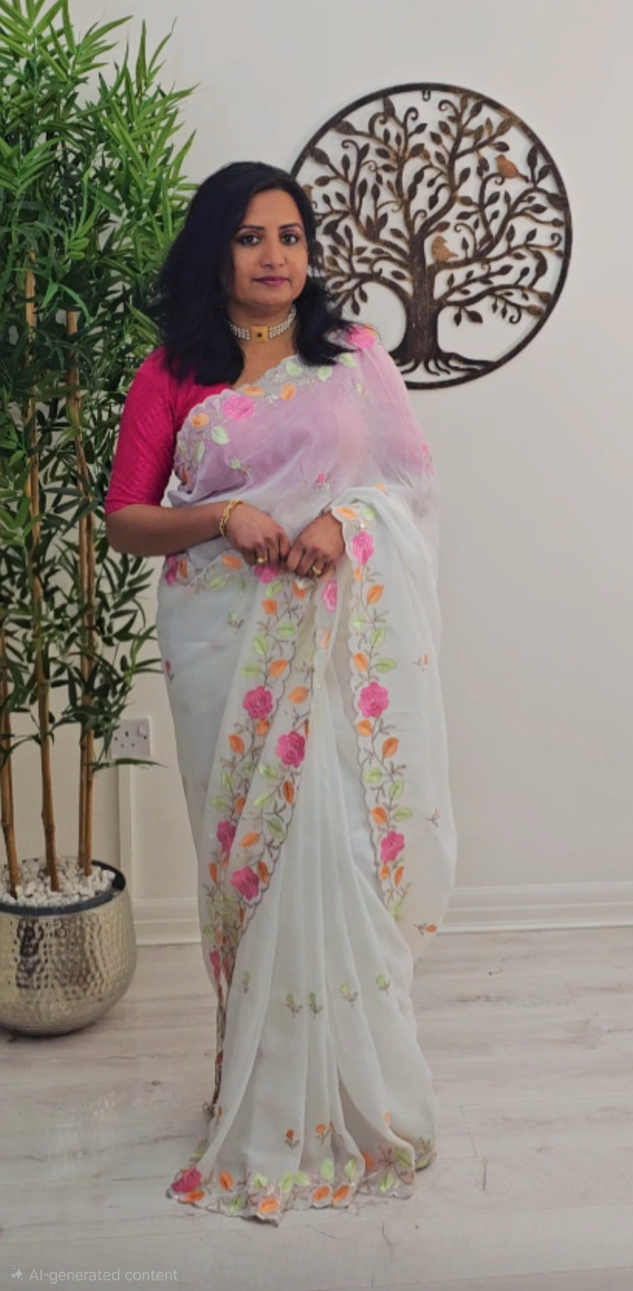 Beautiful embroidered crushed silk saree