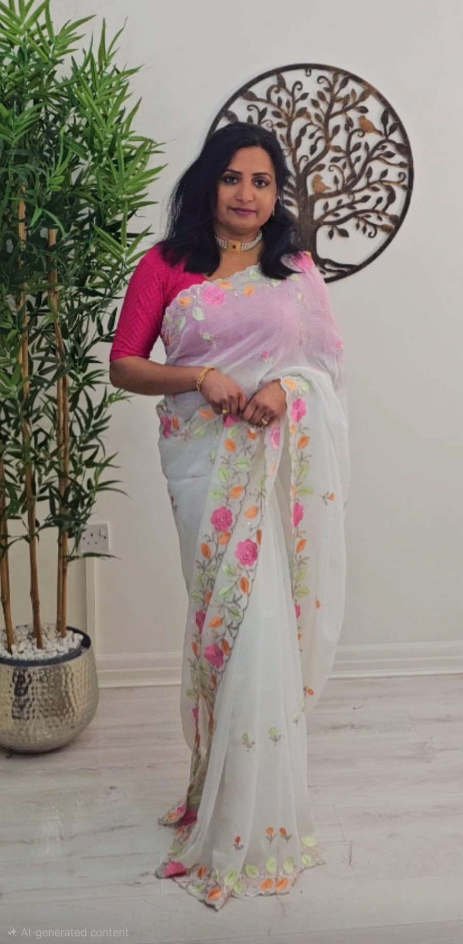 Beautiful embroidered crushed silk saree