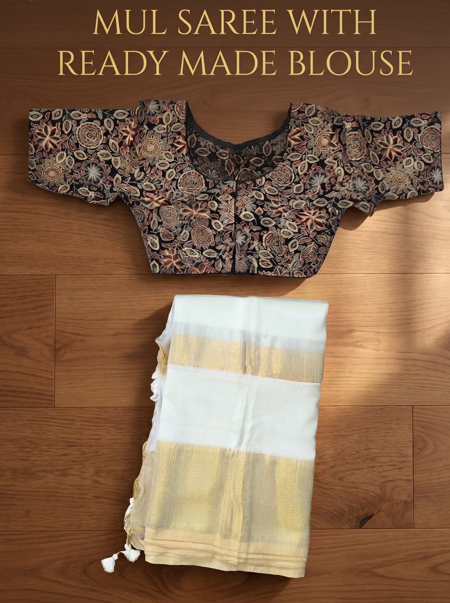 Mulcotton Onam saree with readymade blouse