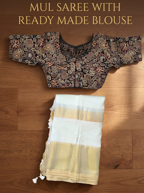 Mulcotton Onam saree with readymade blouse