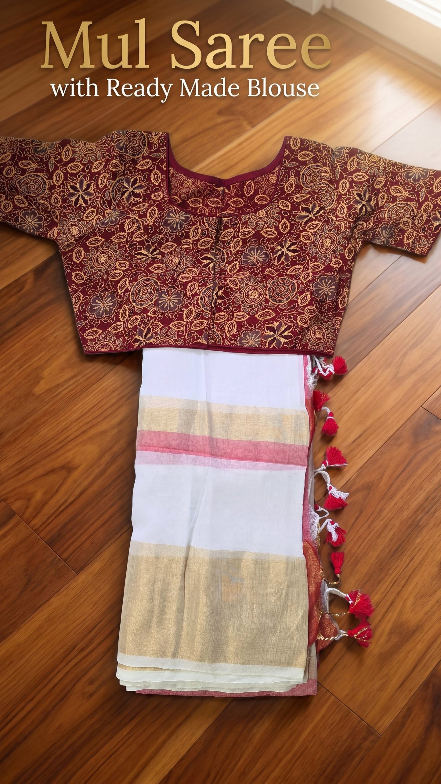 Mulcotton Onam saree with readymade ajrak blouse