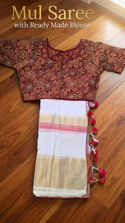 Mulcotton Onam saree with readymade ajrak blouse